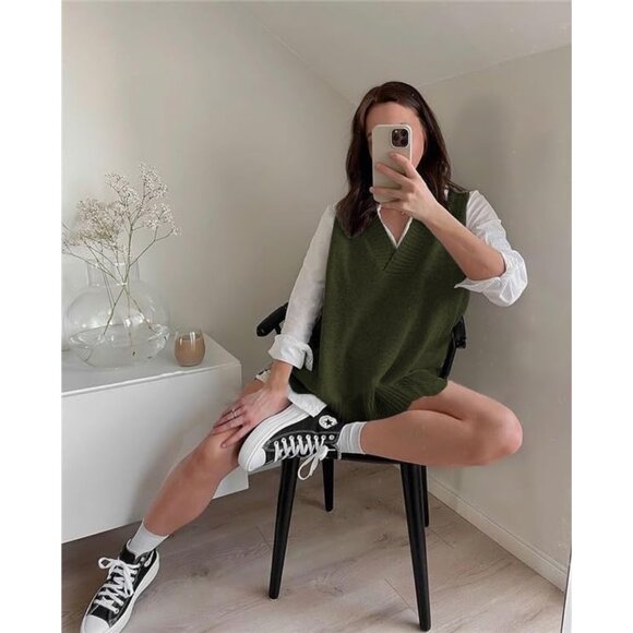 Women Army Green Sweater Vest Sleeveless V Neck Oversized Knitted Pullover Fall - Picture 3 of 5